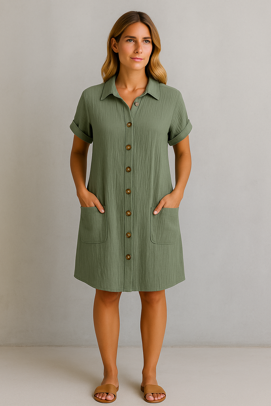 Airy Cotton Shirt Dress with Button Closure