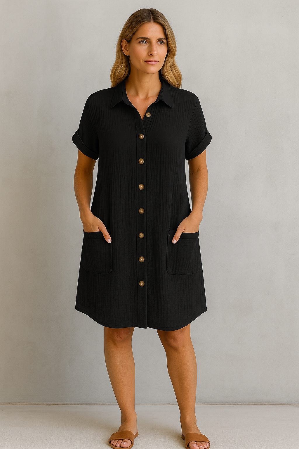 Airy Cotton Shirt Dress with Button Closure