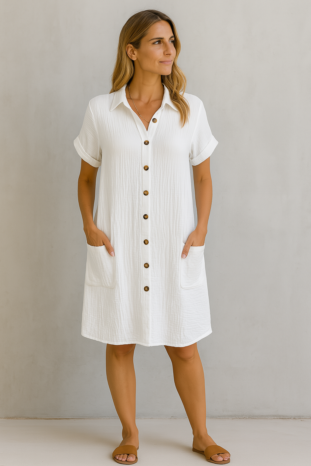 Airy Cotton Shirt Dress with Button Closure