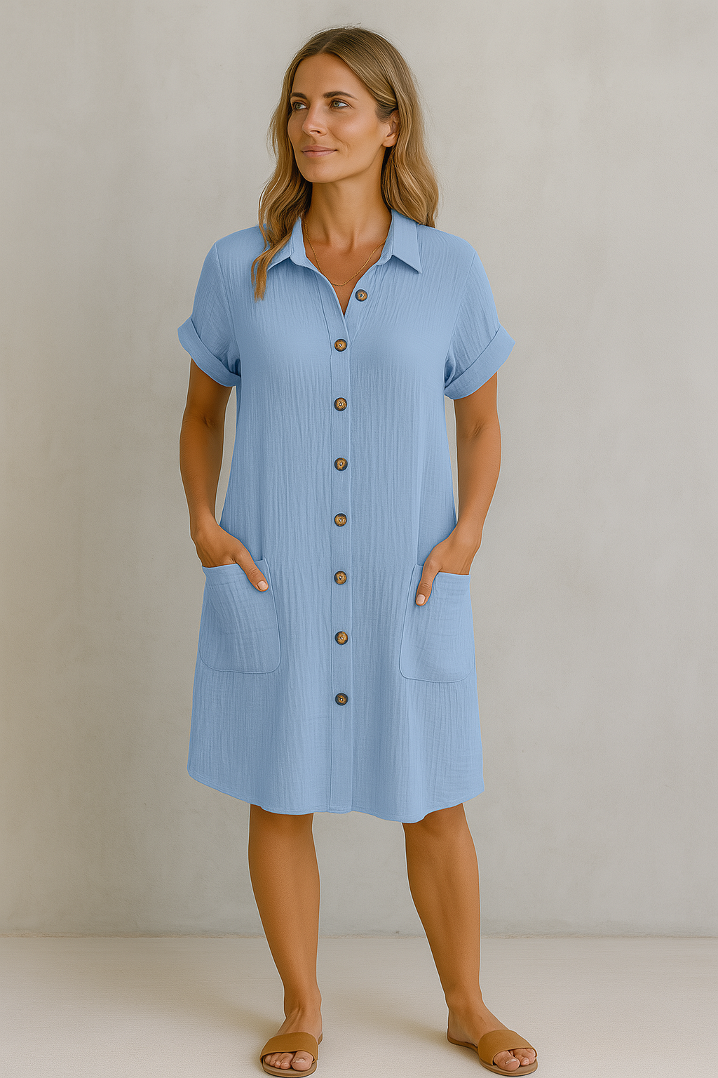Airy Cotton Shirt Dress with Button Closure
