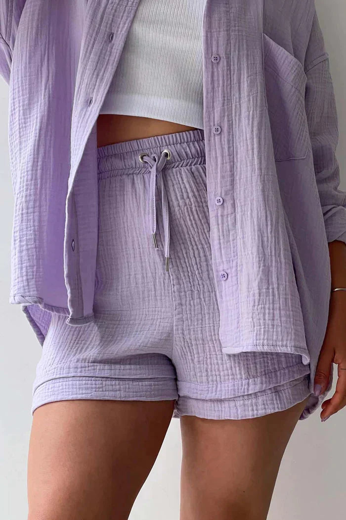Women's casual summer set with long sleeve shirt and shorts