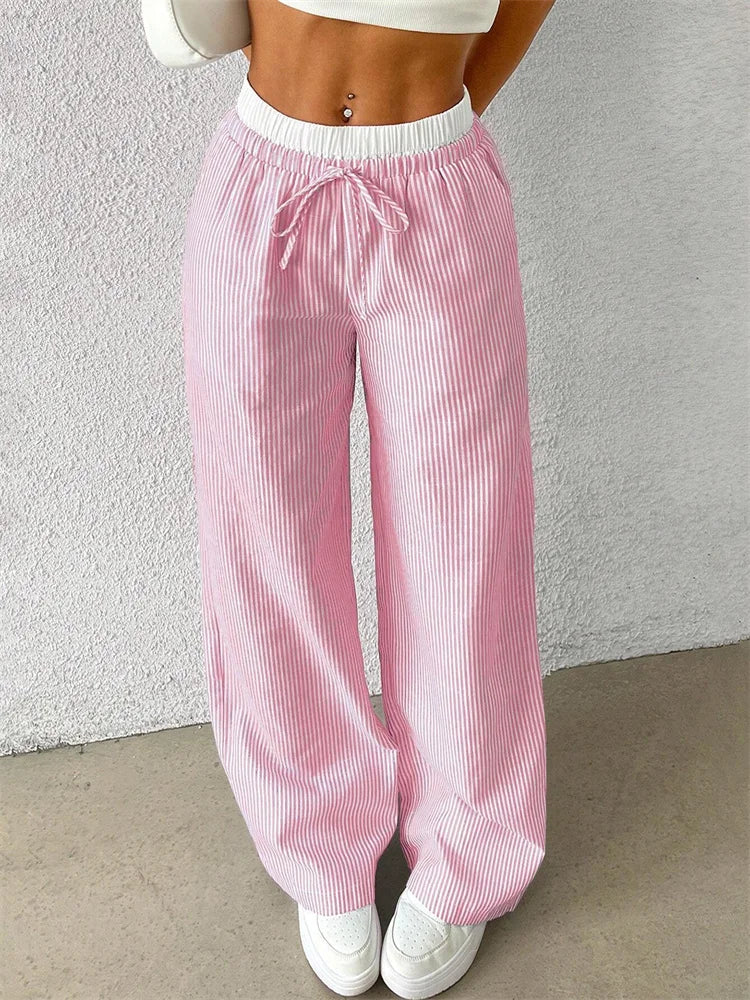 Women's striped wide-leg streetwear pants, Y2K inspired trendy style