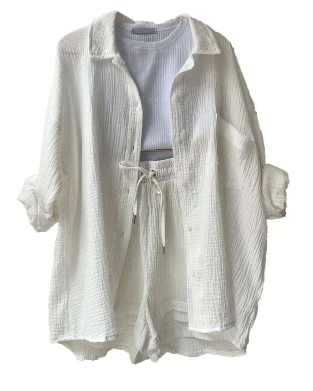 Women's casual summer set with long sleeve shirt and shorts