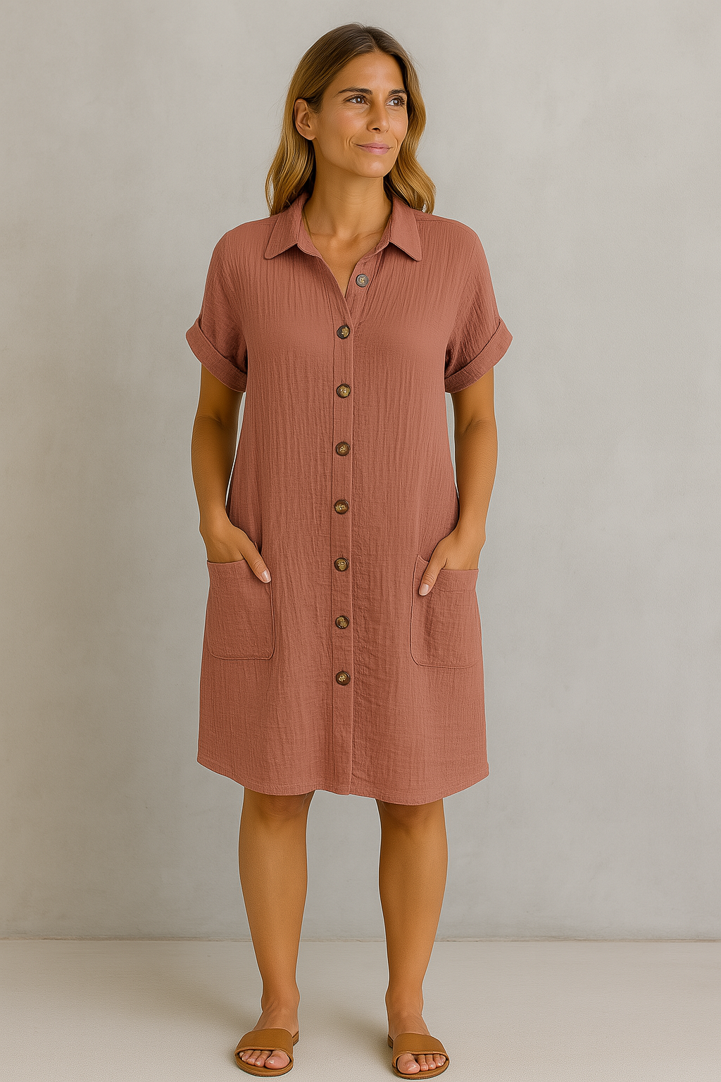 Airy Cotton Shirt Dress with Button Closure