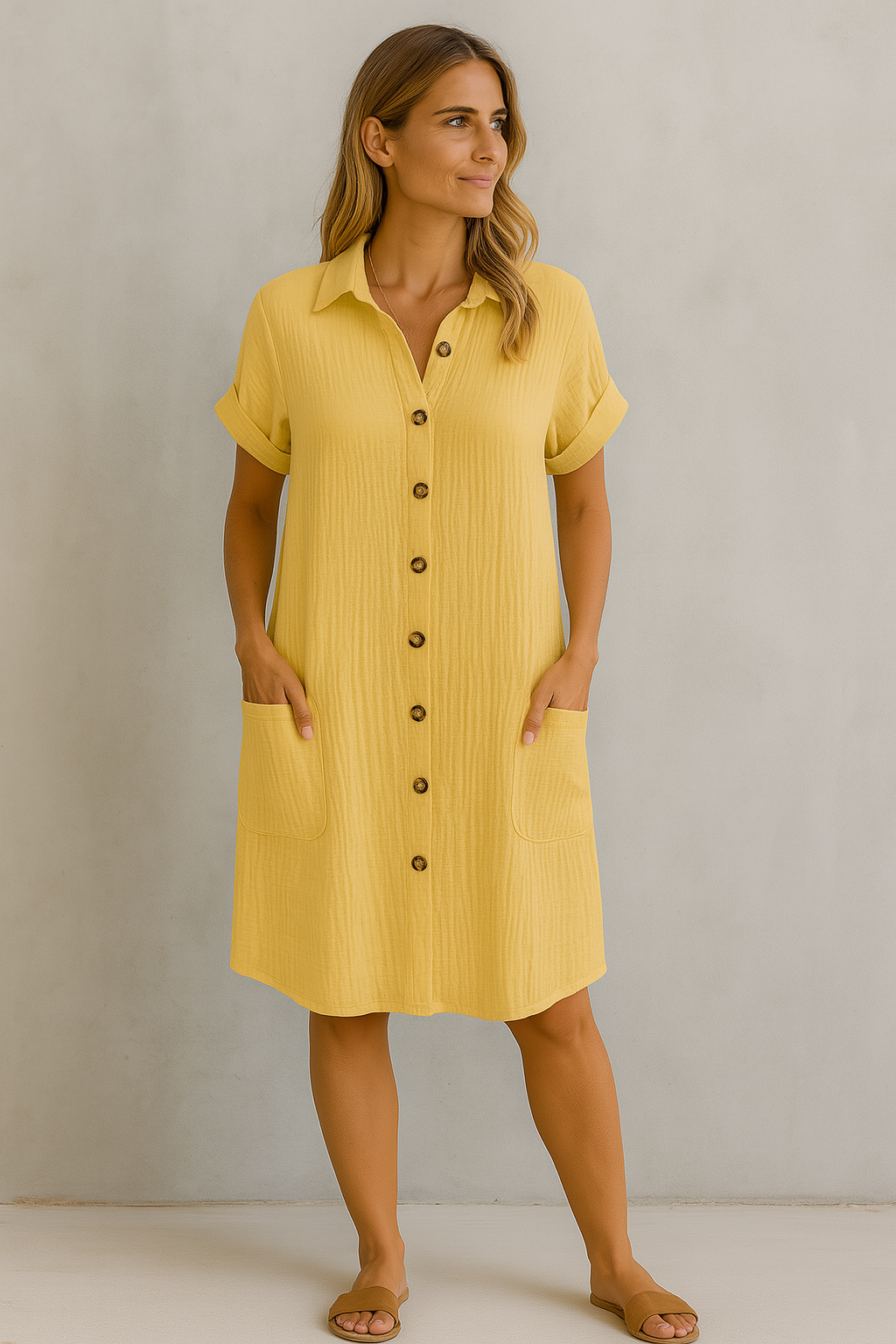 Airy Cotton Shirt Dress with Button Closure