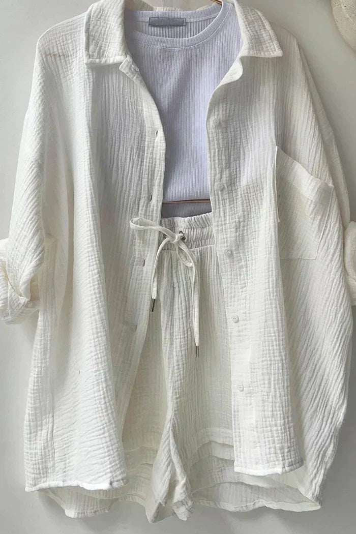 Women's casual summer set with long sleeve shirt and shorts